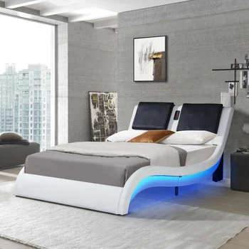Couro sintético estofado, cama de casal com quadro de iluminação led, conexão Bluetooth para jogar de controle de música com encosto de massagem