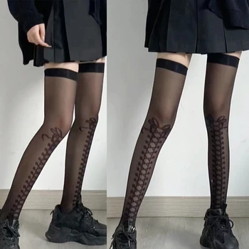 Lolita Kawaii falso cross bow teste padrão do jacquard sobre o joelho, meias acima do Anime verão finas meias coxa alta